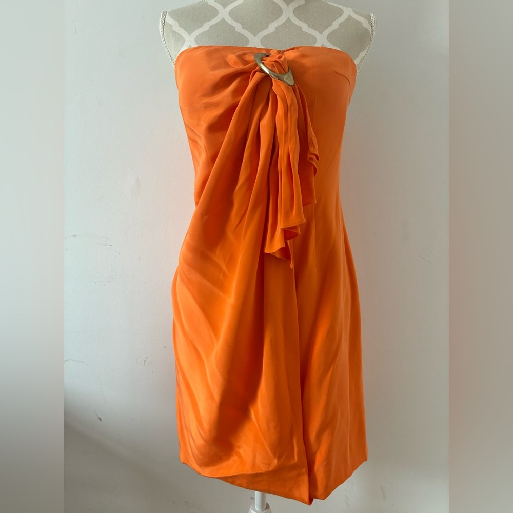 Strapless Orange Cocktail Dress with Front Gather Detail